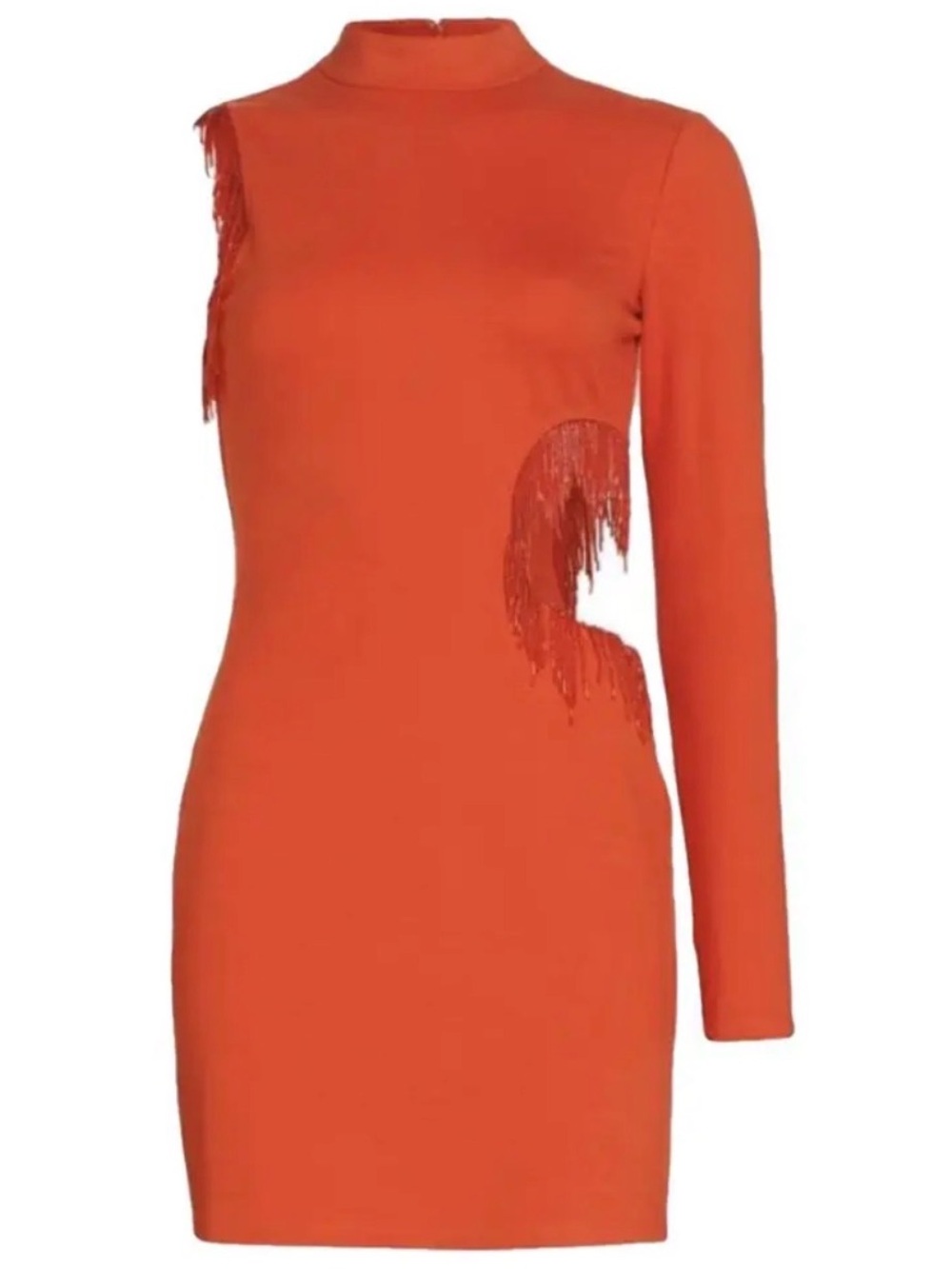 STAUD Mini Kirsten Dress in Fire Red Long-Sleeve with Fringe Cutouts Size Small - Picture 15 of 15